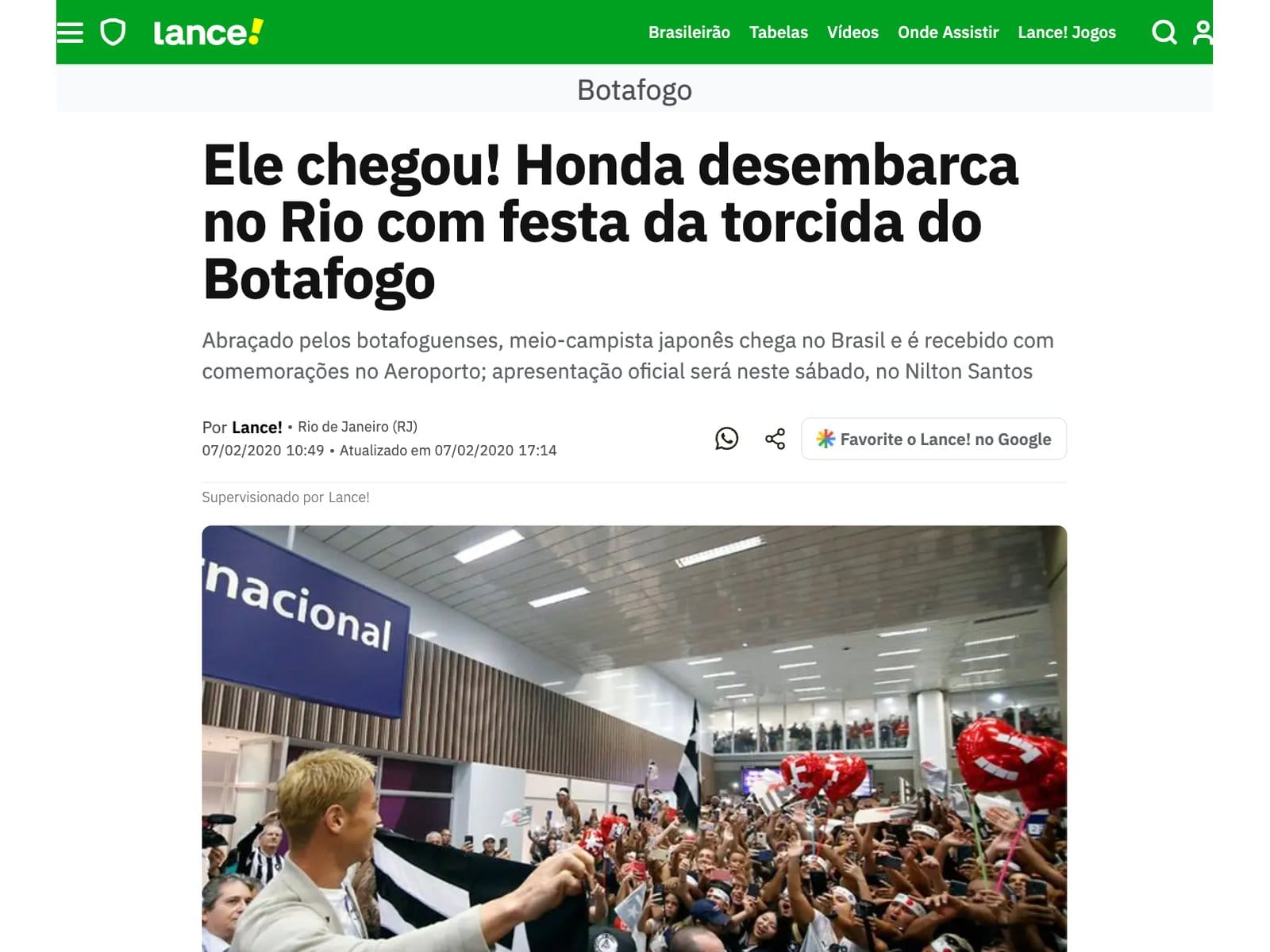 Matéria do Lance!: Ele chegou! Honda desembarca no Rio com festa da torcida do Botafogo