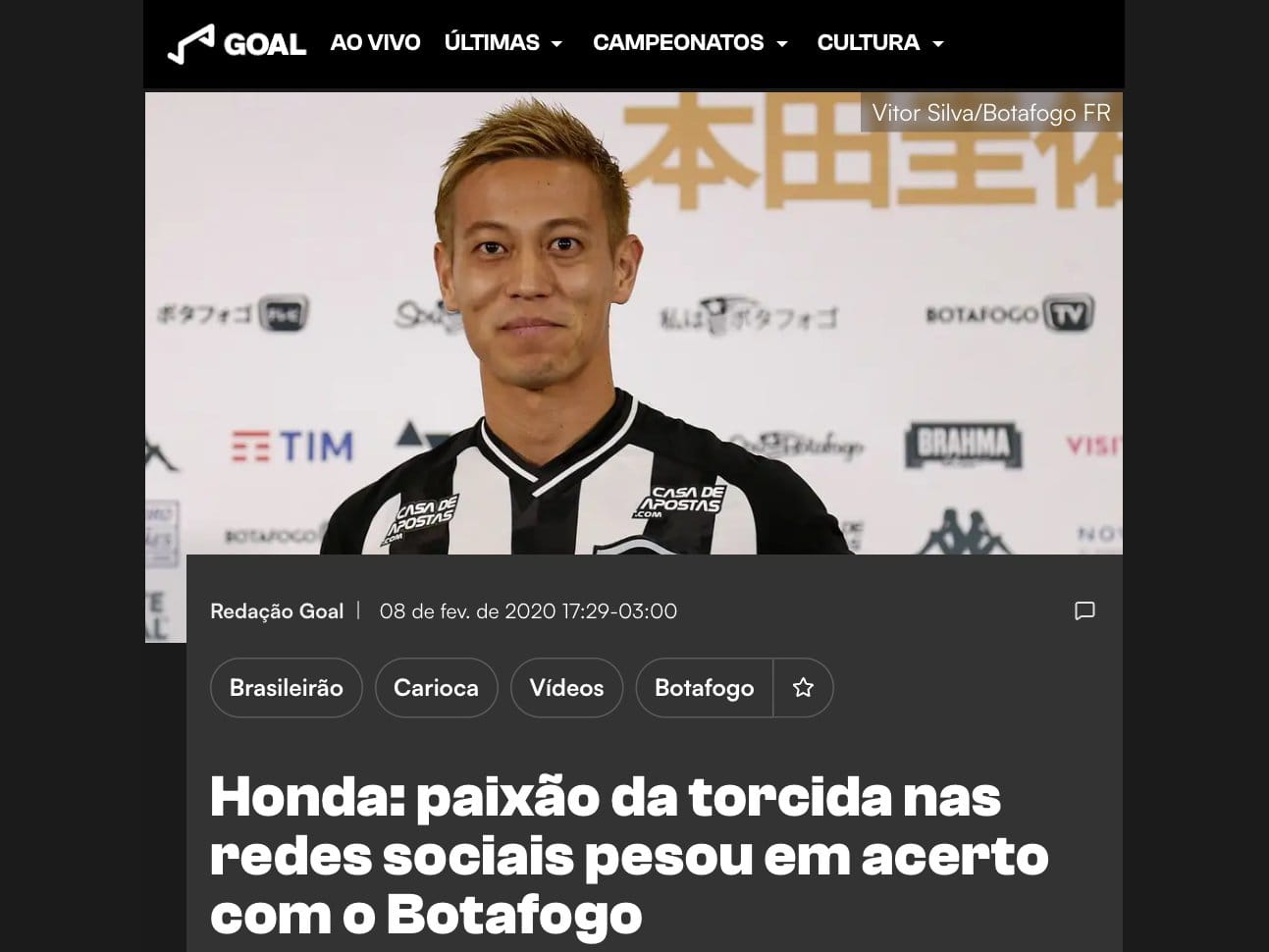 Matéria do Goal: Honda, paixão da torcida nas redes sociais pesou em acerto com o Botafogo
