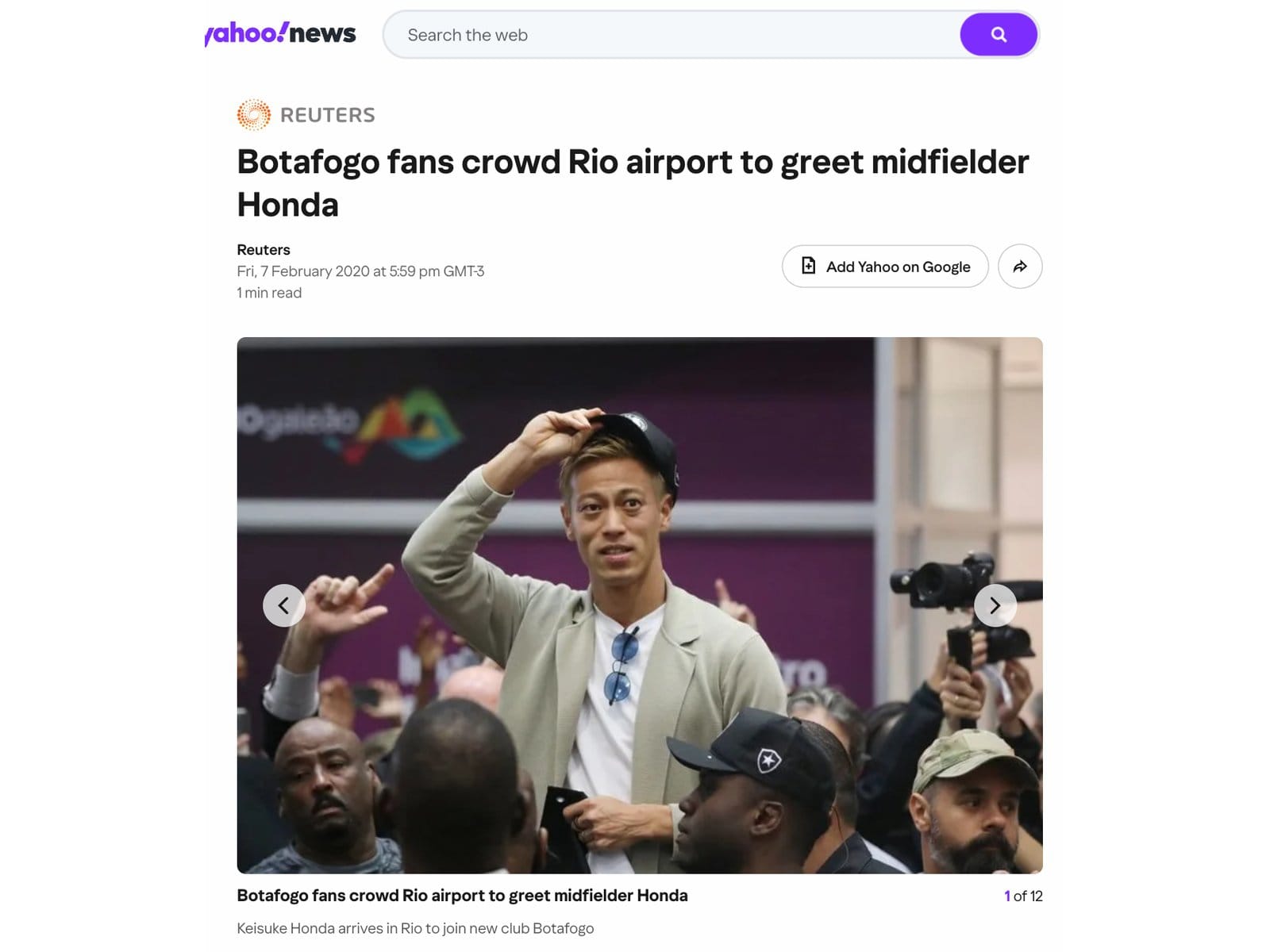 Matéria da Reuters no Yahoo News: Botafogo fans crowd Rio airport to greet midfielder Honda