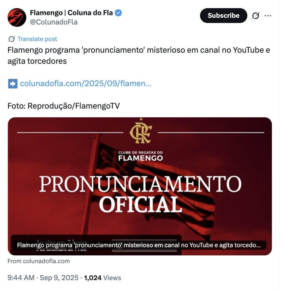 Post da Coluna do Fla: Flamengo programa pronunciamento misterioso em canal no YouTube e agita torcedores