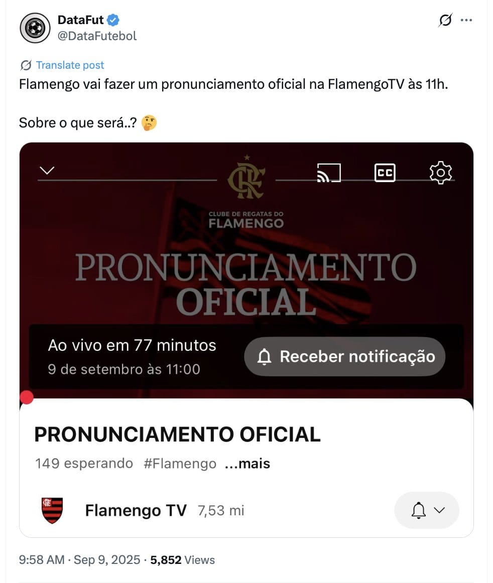 Post do DataFut: Flamengo vai fazer um pronunciamento oficial na FlamengoTV às 11h