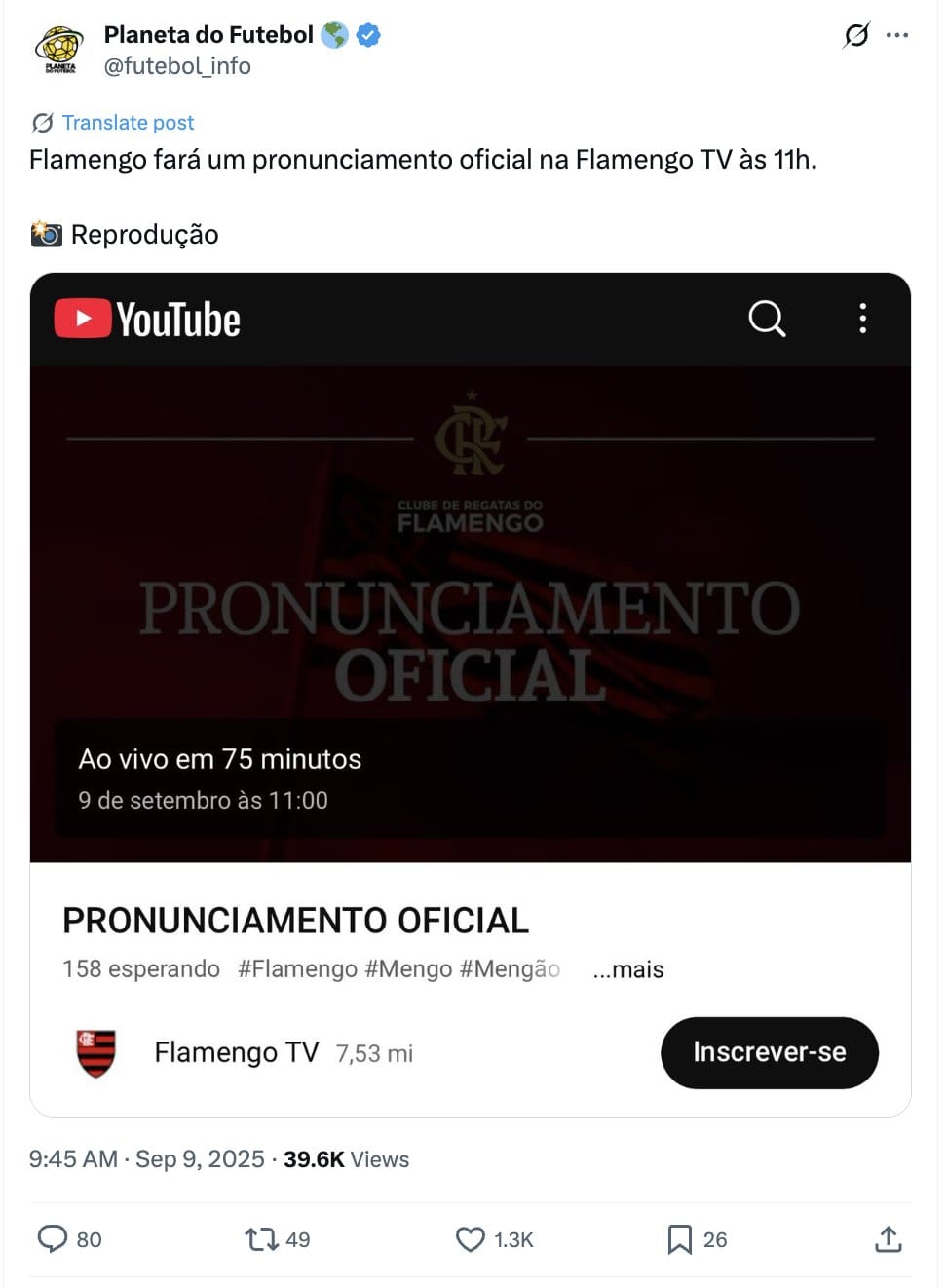 Post do Planeta do Futebol: Flamengo fará um pronunciamento oficial na Flamengo TV às 11h