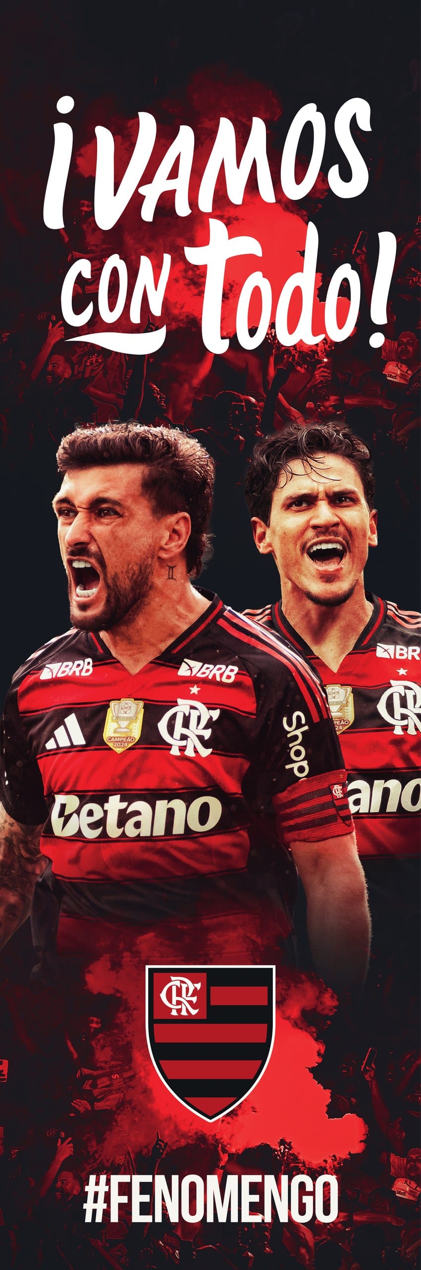 Arte da empena: ¡Vamos con todo!, com dois jogadores do Flamengo, o escudo e #FENOMENGO