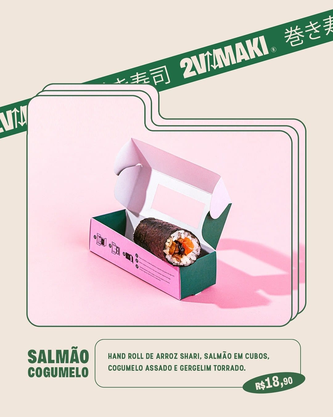 Post do sabor Salmão Cogumelo, com o hand roll na embalagem e o preço