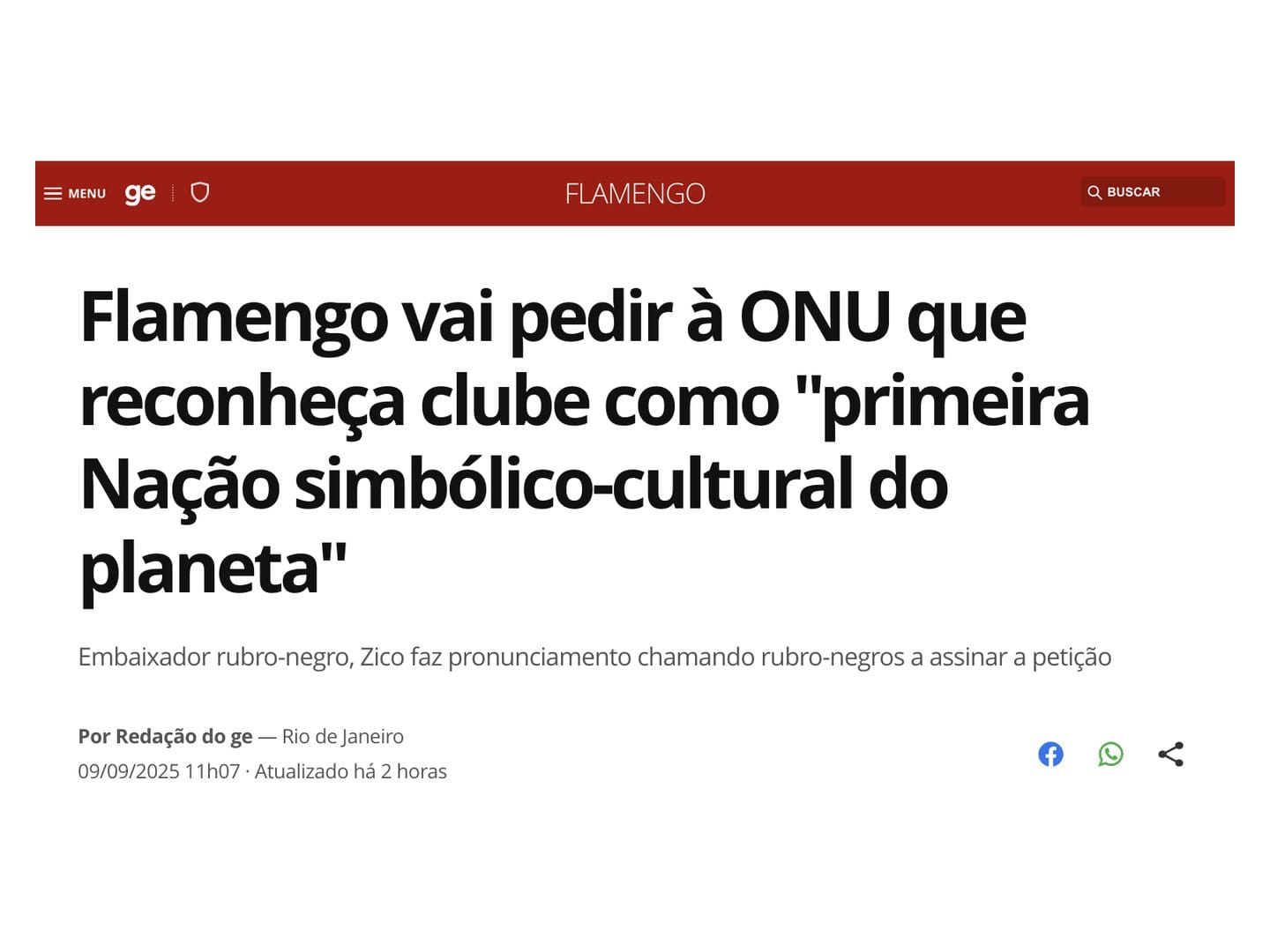 Matéria do ge: Flamengo vai pedir à ONU que reconheça clube como primeira Nação simbólico-cultural do planeta