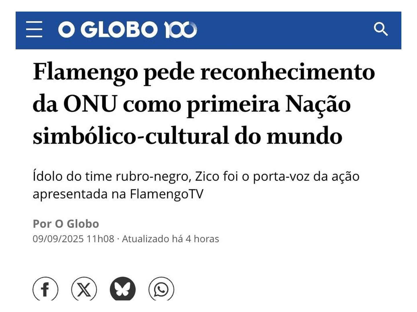 Matéria de O Globo: Flamengo pede reconhecimento da ONU como primeira Nação simbólico-cultural do mundo