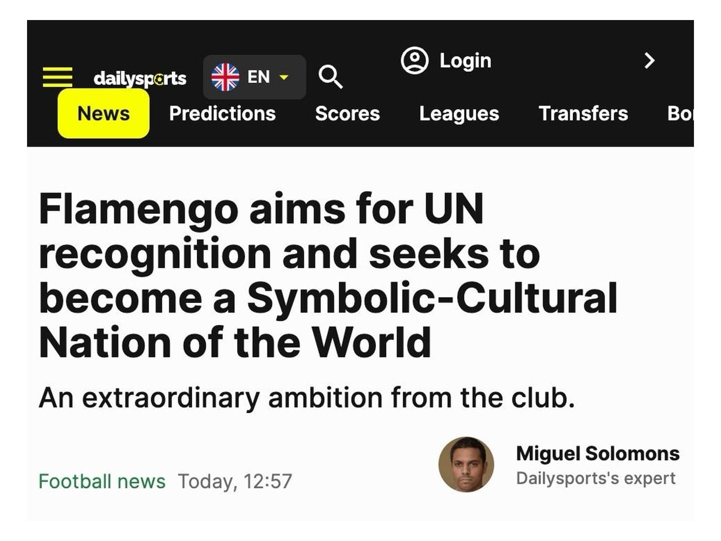 Matéria do Dailysports: Flamengo aims for UN recognition and seeks to become a Symbolic-Cultural Nation of the World