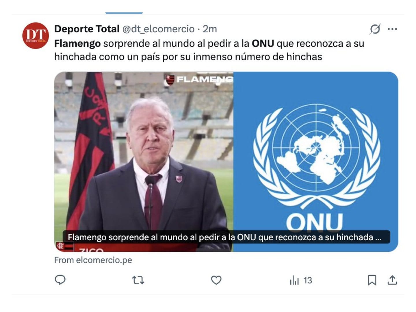 Post do Deporte Total, do El Comercio: Flamengo sorprende al mundo al pedir a la ONU que reconozca a su hinchada como un país
