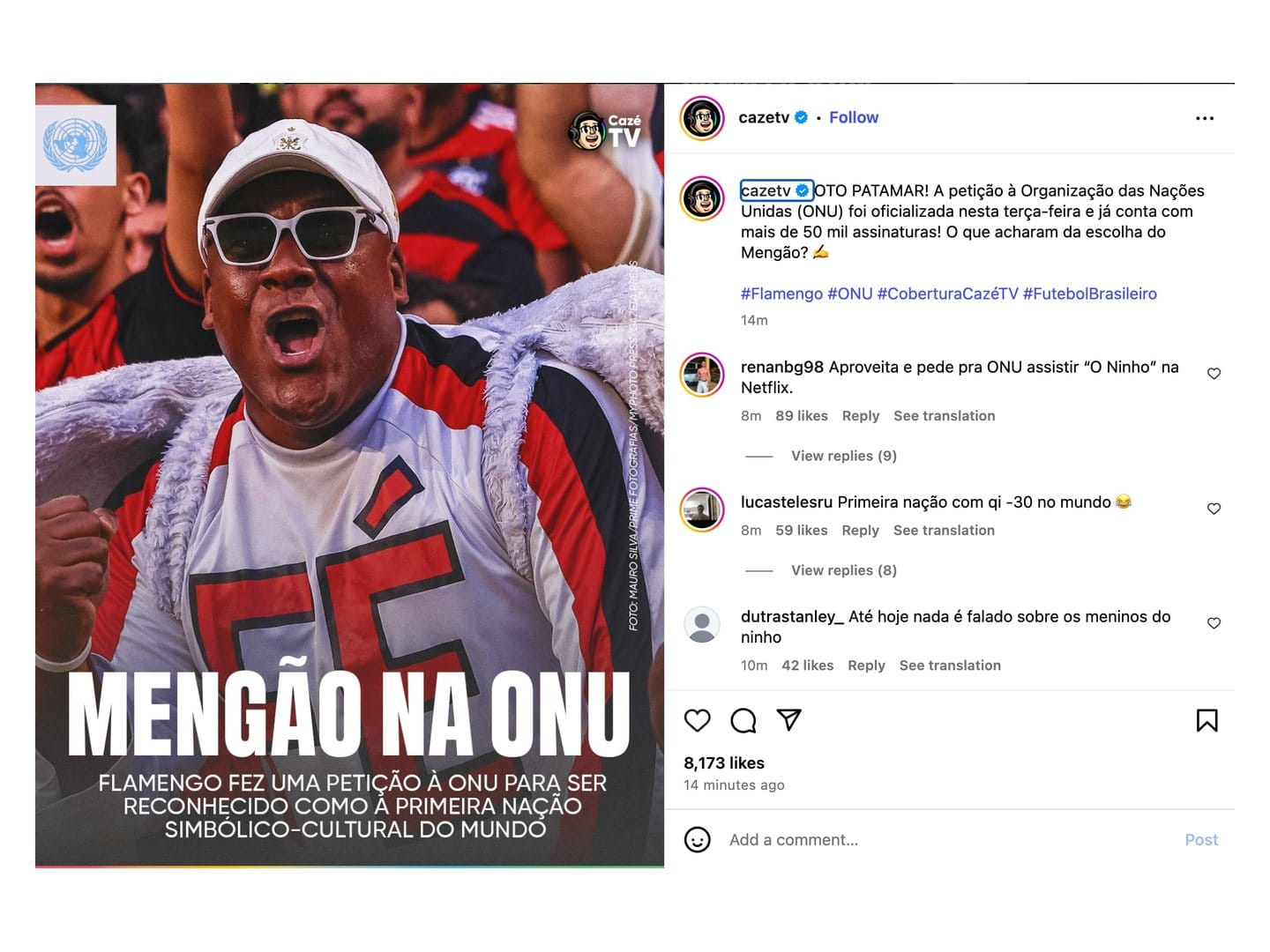 Post da CazéTV no Instagram: Mengão na ONU